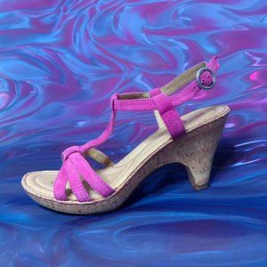 Hot pink strappy cork heels by Born.